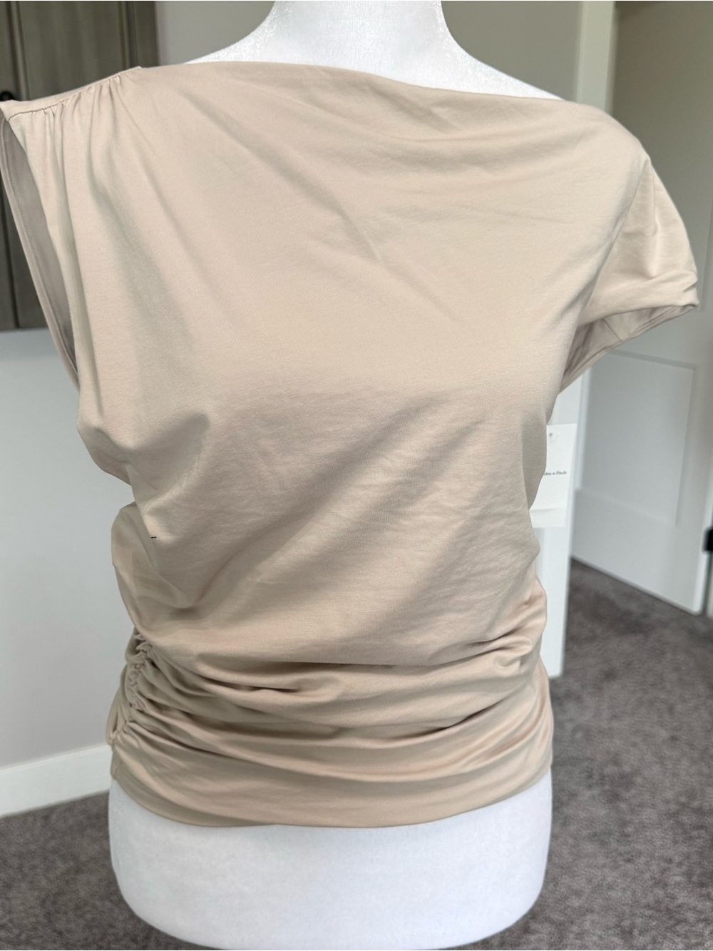 Abercrombie & Fitch Beige Boatneck off one shoulder Ruched Side Short Sleeve Top